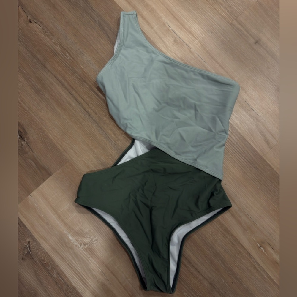Amazon One-Shoulder Two-Tone Swimsuit in Sage Green and Olive